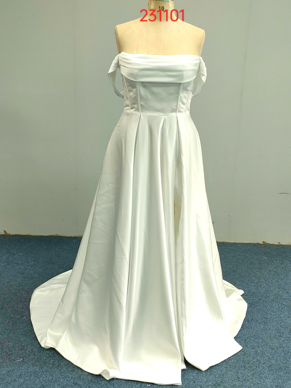 231101-Elegant Off-the-Shoulder Satin Gown A-Line Wedding Guest Dress with Sash 231101 - Image 1