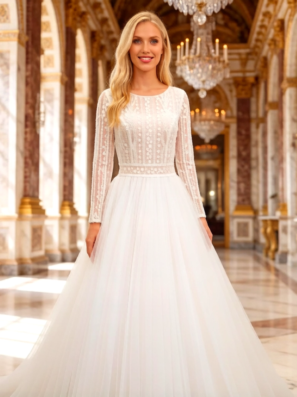 C81-Elegant Round Neck Wedding Dress with Long Sleeves Multi-Layer Tulle A-Line Bridal Gown with Beading C81 - Image 1