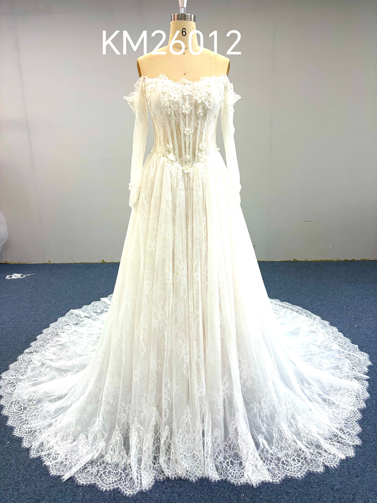 KM26012-Off-Shoulder 3D Floral Wedding Dress Luxury Lace A-Line Gown with Long Sleeves KM26012 - Image 1