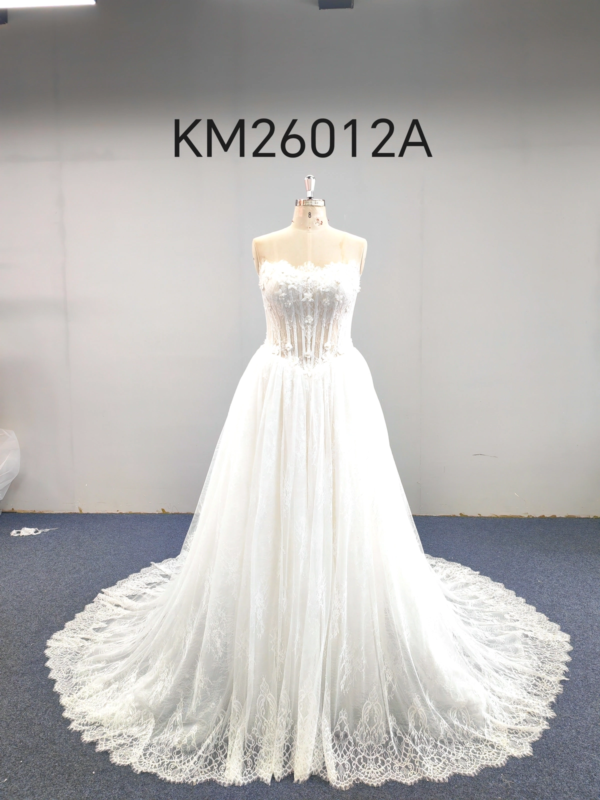 KM26012A-FRONT-Best Seller Strapless Wedding Dress 3D Floral Lace & Structured Corset Bodice Gathered Tulle A-Line Gown with Long Train KM26012A - Image 1